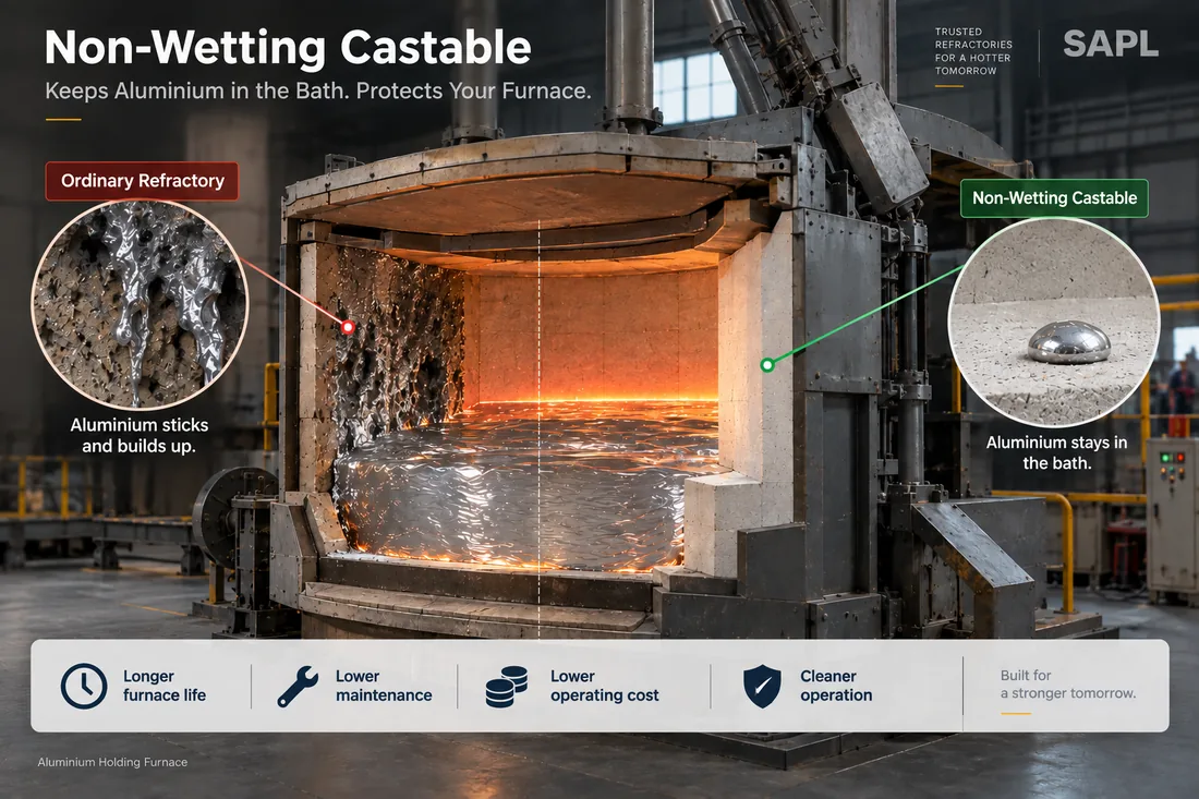 Comparison of an ordinary refractory, where aluminium sticks and builds up in the porous surface, against a non-wetting castable, where aluminium beads and stays in the bath, in an aluminium holding furnace