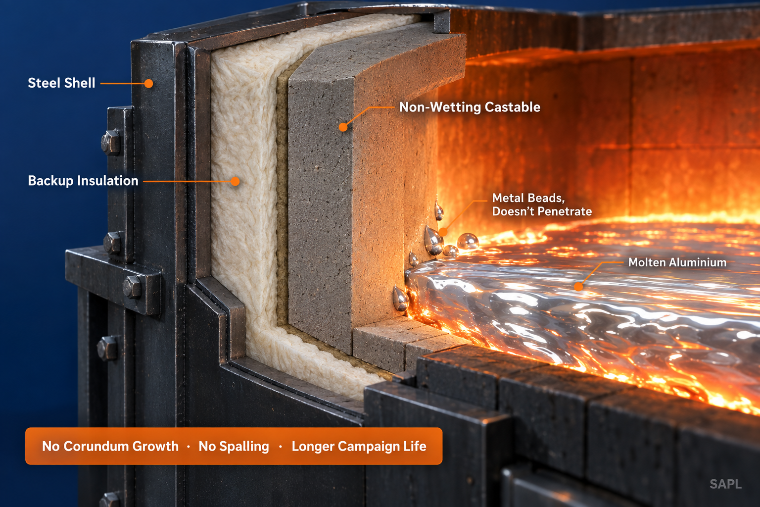Cutaway diagram of an aluminium furnace wall showing the steel shell, backup insulation and non-wetting castable layers, with molten aluminium beading at the surface instead of penetrating it